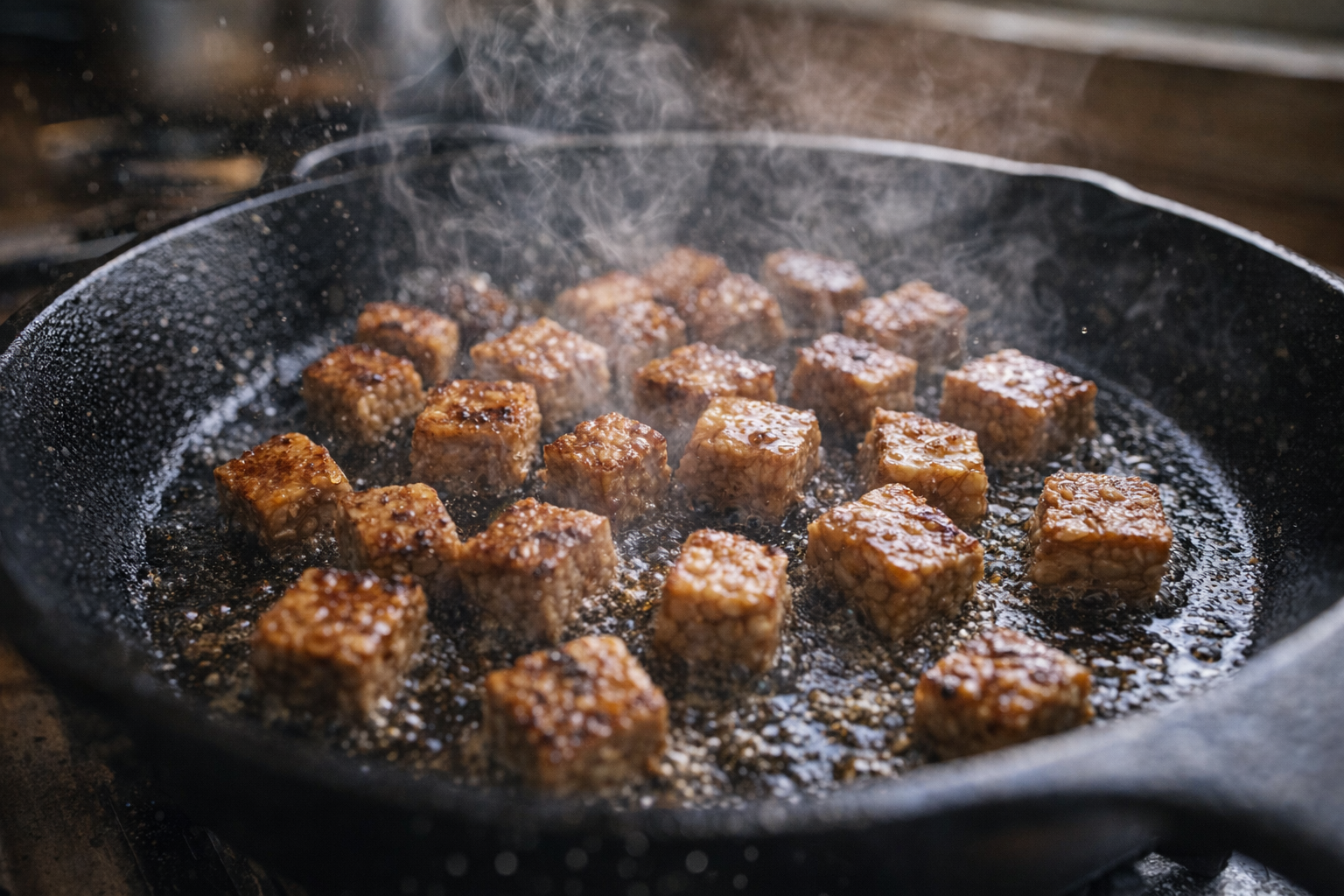 An action shot of tempeh cubes sizzling in a cast iron skillet, with visible steam and oil splatter, focus on the browning process